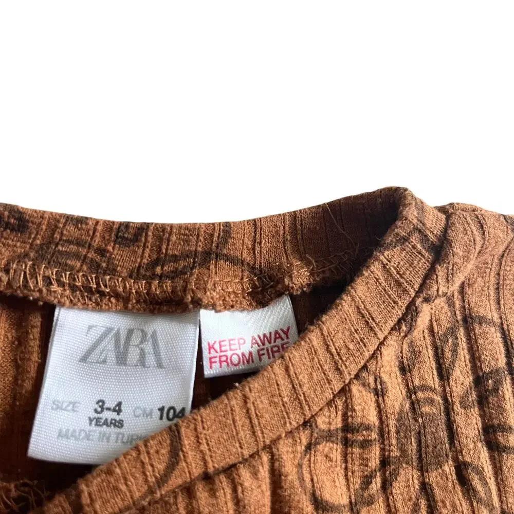 Zara Girls Brown Ribbed Floral Long Sleeve Top Size 3-4 Cottagecore Casual